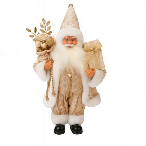 Babbo Natale decorativo in tessuto colore oro con luci Led per decorazioni natalizie