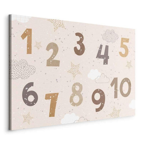 Quadro - Jumping Numbers - Numbers in a Subdued Beige-Brown Hue Among Snowflakes Stars and Clouds
