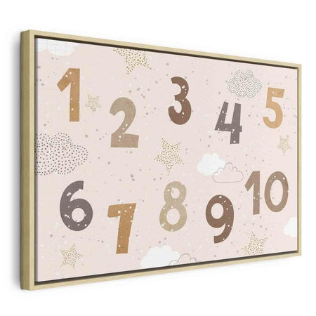 Quadro - Jumping Numbers - Numbers in a Subdued Beige-Brown Hue Among Snowflakes Stars and Clouds