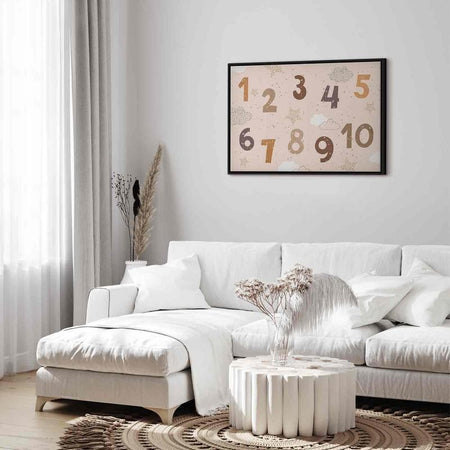 Quadro - Jumping Numbers - Numbers in a Subdued Beige-Brown Hue Among Snowflakes Stars and Clouds