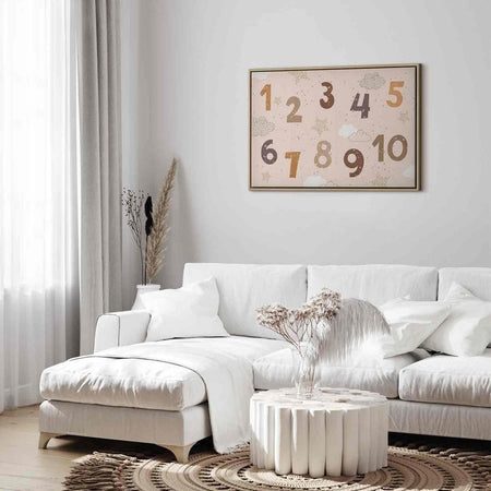 Quadro - Jumping Numbers - Numbers in a Subdued Beige-Brown Hue Among Snowflakes Stars and Clouds