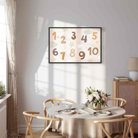 Quadro - Jumping Numbers - Numbers in a Subdued Beige-Brown Hue Among Snowflakes Stars and Clouds