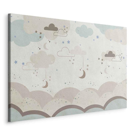 Quadro - Cloudy Night Sky - Moons in Brown and Beige Hues Among Clouds and Numerous Little Stars on a Light Background