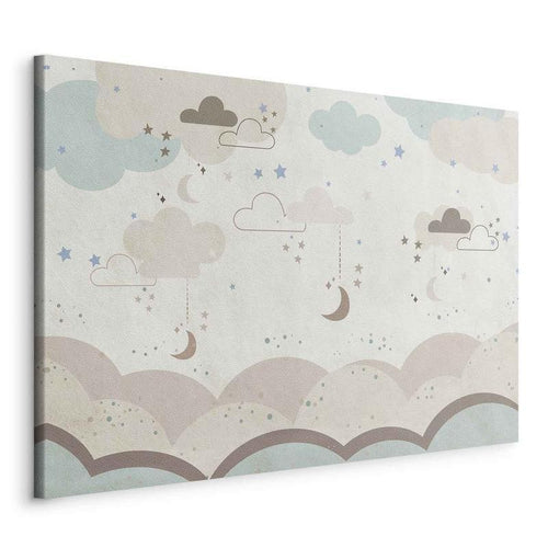 Quadro - Cloudy Night Sky - Moons in Brown and Beige Hues Among Clouds and Numerous Little Stars on a Light Background