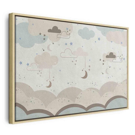 Quadro - Cloudy Night Sky - Moons in Brown and Beige Hues Among Clouds and Numerous Little Stars on a Light Background