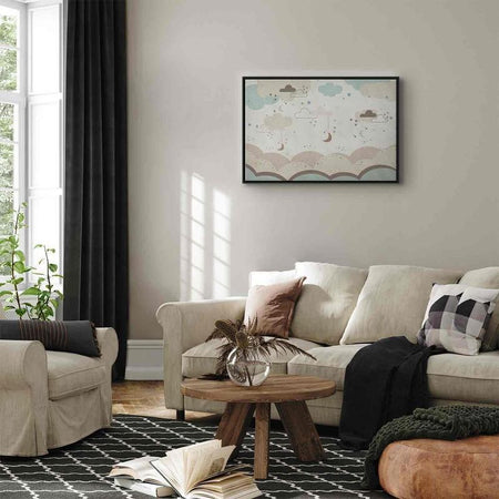 Quadro - Cloudy Night Sky - Moons in Brown and Beige Hues Among Clouds and Numerous Little Stars on a Light Background