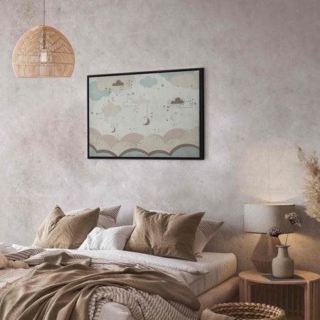 Quadro - Cloudy Night Sky - Moons in Brown and Beige Hues Among Clouds and Numerous Little Stars on a Light Background
