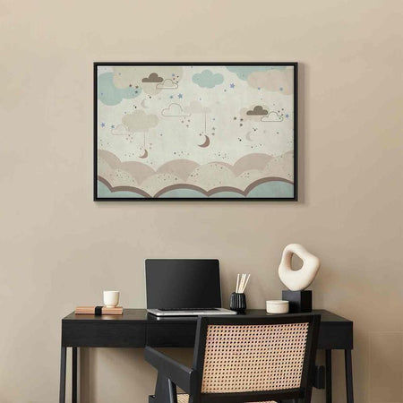 Quadro - Cloudy Night Sky - Moons in Brown and Beige Hues Among Clouds and Numerous Little Stars on a Light Background