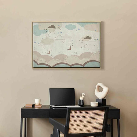 Quadro - Cloudy Night Sky - Moons in Brown and Beige Hues Among Clouds and Numerous Little Stars on a Light Background