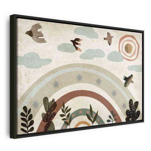 Quadro - Rainbow and Sun Above - Birds in Subdued Colors Flying Among Clouds Above a Rainbow and Various Plants on a Lig