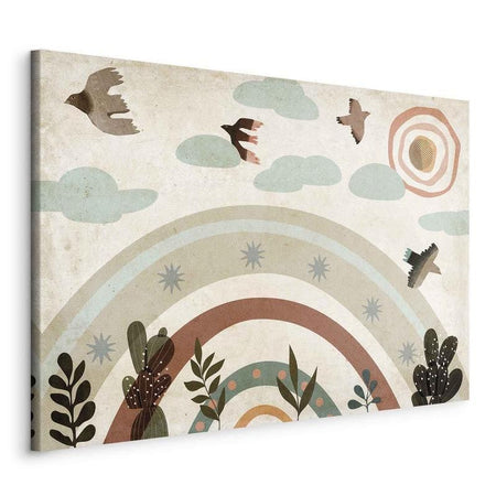 Quadro - Rainbow and Sun Above - Birds in Subdued Colors Flying Among Clouds Above a Rainbow and Various Plants on a Lig