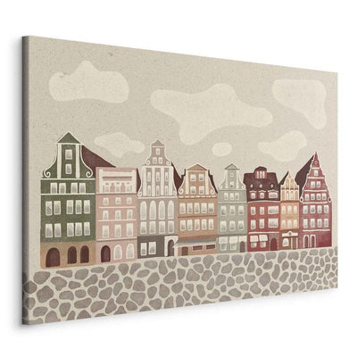 Quadro - Salt Square - Colorful Illustrated Townhouses Against a Cloudy Sky Background