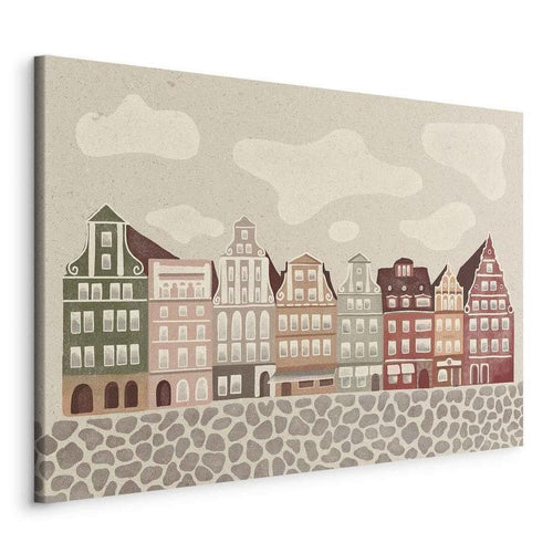 Quadro - Salt Square - Colorful Illustrated Townhouses Against a Cloudy Sky Background