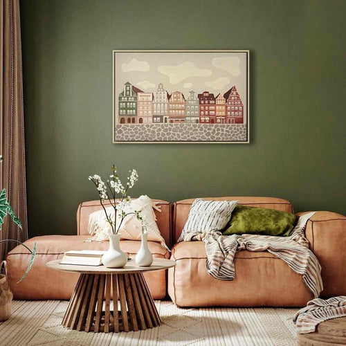 Quadro - Salt Square - Colorful Illustrated Townhouses Against a Cloudy Sky Background