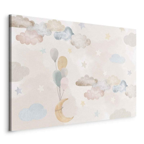 Quadro - Fairy-Tale Moon - Pastel Moon with Balloons Among Colorful Clouds and Stars in Subdued Colors on a Light Backgr