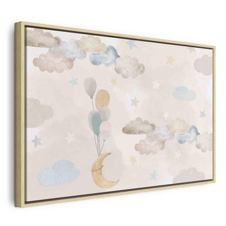 Quadro - Fairy-Tale Moon - Pastel Moon with Balloons Among Colorful Clouds and Stars in Subdued Colors on a Light Backgr
