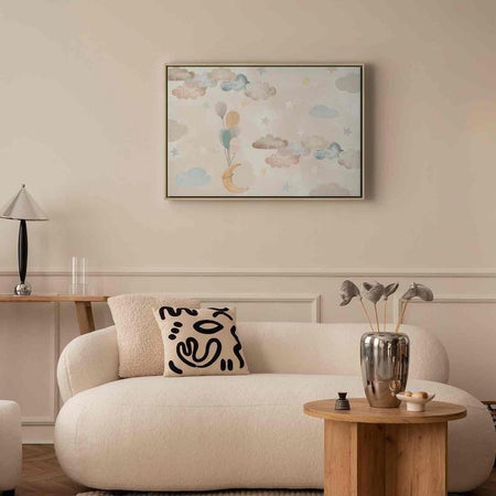 Quadro - Fairy-Tale Moon - Pastel Moon with Balloons Among Colorful Clouds and Stars in Subdued Colors on a Light Backgr