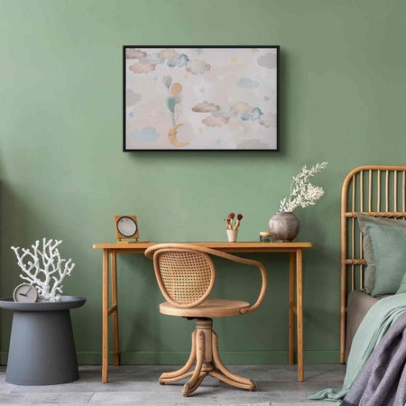 Quadro - Fairy-Tale Moon - Pastel Moon with Balloons Among Colorful Clouds and Stars in Subdued Colors on a Light Backgr