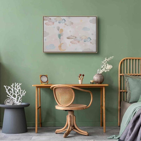 Quadro - Fairy-Tale Moon - Pastel Moon with Balloons Among Colorful Clouds and Stars in Subdued Colors on a Light Backgr
