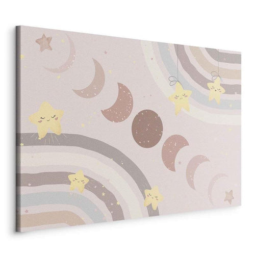 Quadro - Joyful Sky - Yellow Cheerful Stars with a Rainbow Against the Phases of the Moon in a Light Beige Sky Hue