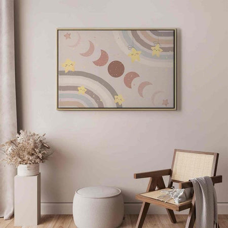 Quadro - Joyful Sky - Yellow Cheerful Stars with a Rainbow Against the Phases of the Moon in a Light Beige Sky Hue