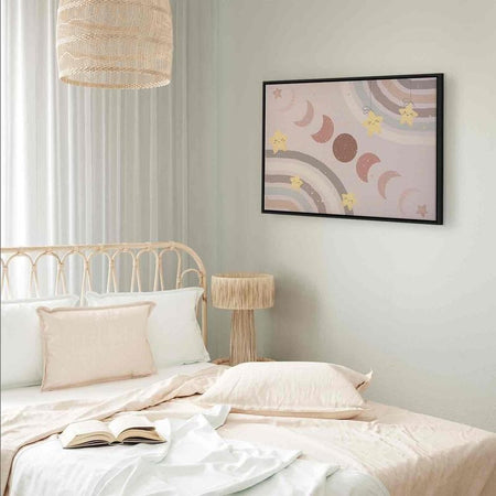 Quadro - Joyful Sky - Yellow Cheerful Stars with a Rainbow Against the Phases of the Moon in a Light Beige Sky Hue