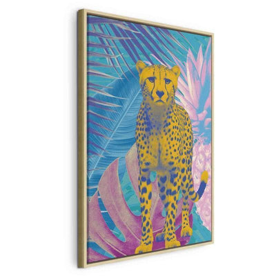 Quadro - Exotic Leopard - Colorful Portrait of a Cheetah Against Tropical Leaves