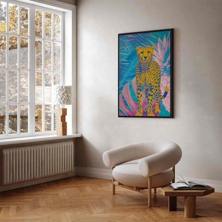 Quadro - Exotic Leopard - Colorful Portrait of a Cheetah Against Tropical Leaves