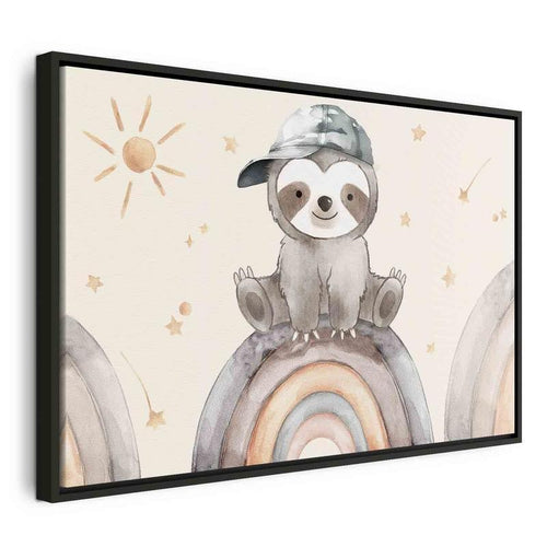 Quadro - Happy Sloth - Sloth in Subdued Colors Wearing a Cap Sitting on a Rainbow Among Little Stars