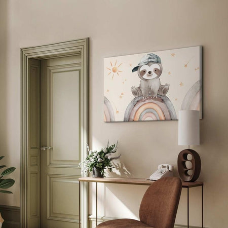 Quadro - Happy Sloth - Sloth in Subdued Colors Wearing a Cap Sitting on a Rainbow Among Little Stars