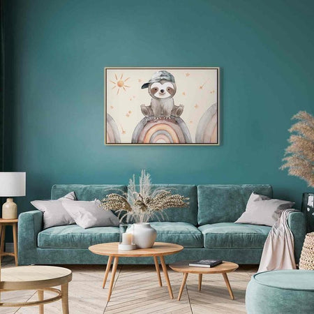 Quadro - Happy Sloth - Sloth in Subdued Colors Wearing a Cap Sitting on a Rainbow Among Little Stars