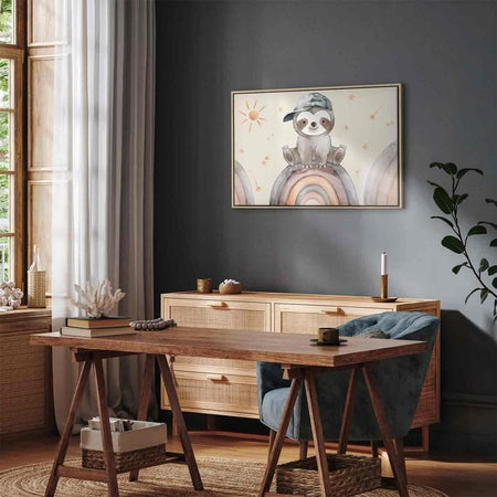 Quadro - Happy Sloth - Sloth in Subdued Colors Wearing a Cap Sitting on a Rainbow Among Little Stars