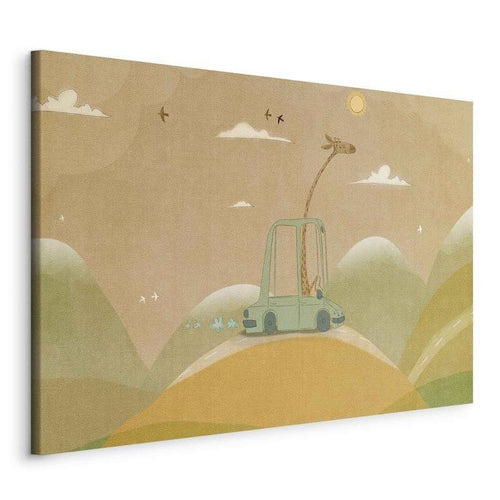 Quadro - Dreamy Traveler - A Cheerful Giraffe Driving a Car on a Sunny Day