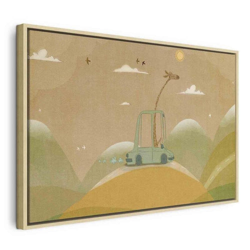 Quadro - Dreamy Traveler - A Cheerful Giraffe Driving a Car on a Sunny Day