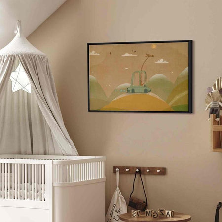 Quadro - Dreamy Traveler - A Cheerful Giraffe Driving a Car on a Sunny Day