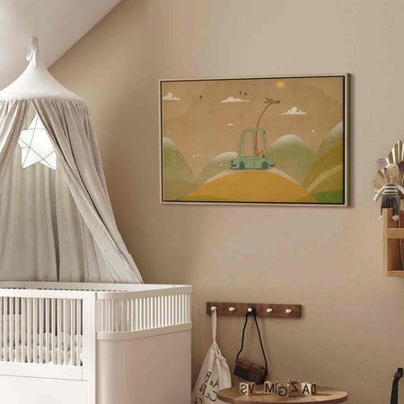 Quadro - Dreamy Traveler - A Cheerful Giraffe Driving a Car on a Sunny Day