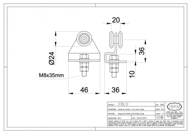 Ibfm art. 338/2 carrello in acciaio zincato con staffa e 2 ruote da 24m per monorotaia 339P