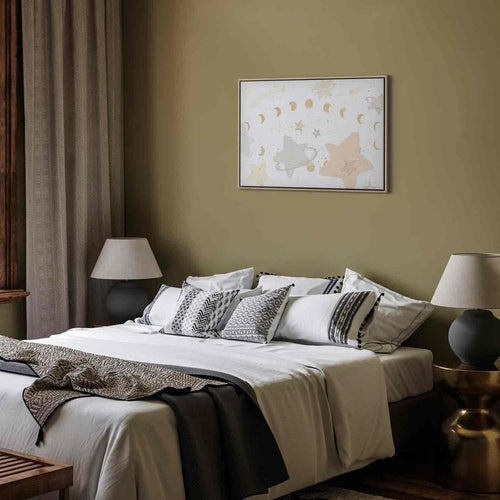 Quadro - Fairy-Tale Galaxy - Phases of the Moon in Yellow Tones Among Stars in Beige and Ash Colors with Stardust