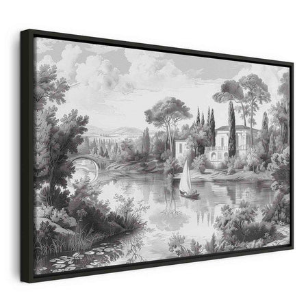 Quadro - Black and White Vintage Landscape Retro View of a Pond with a Boat