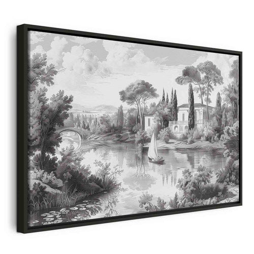 Quadro - Black and White Vintage Landscape Retro View of a Pond with a Boat