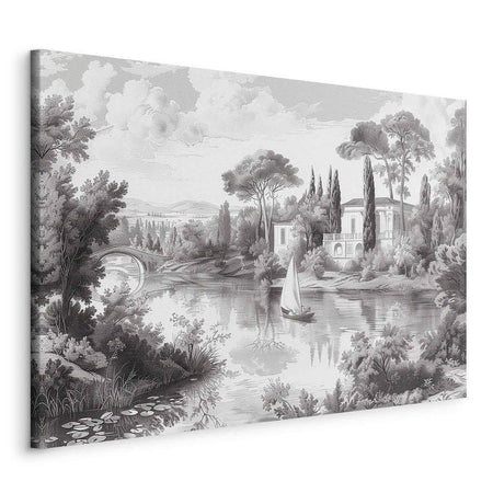 Quadro - Black and White Vintage Landscape Retro View of a Pond with a Boat