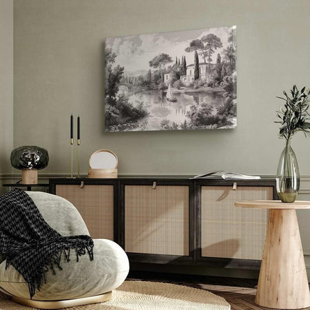 Quadro - Black and White Vintage Landscape Retro View of a Pond with a Boat