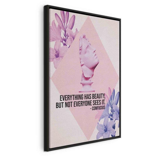 Quadro - Beauty in the Eyes - Inspirational Quote with Pink Bust and Flowers