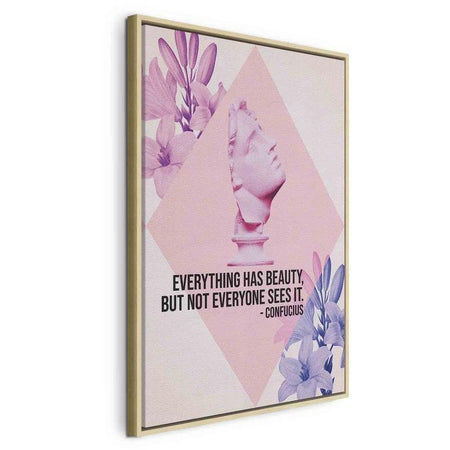 Quadro - Beauty in the Eyes - Inspirational Quote with Pink Bust and Flowers