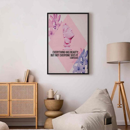 Quadro - Beauty in the Eyes - Inspirational Quote with Pink Bust and Flowers