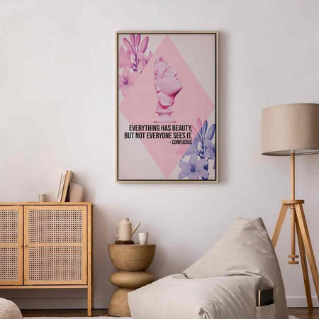 Quadro - Beauty in the Eyes - Inspirational Quote with Pink Bust and Flowers