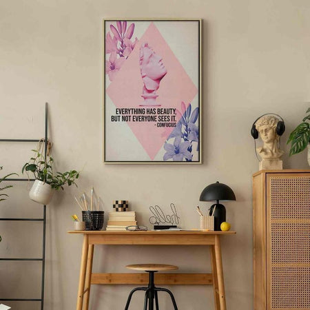 Quadro - Beauty in the Eyes - Inspirational Quote with Pink Bust and Flowers