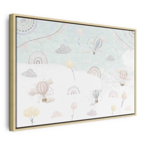 Quadro - Sky with Balloons - Balloons in Subdued Colors Flying in the Sky Among Clouds Rainbows and Stars