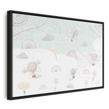 Quadro - Sky with Balloons - Balloons in Subdued Colors Flying in the Sky Among Clouds Rainbows and Stars