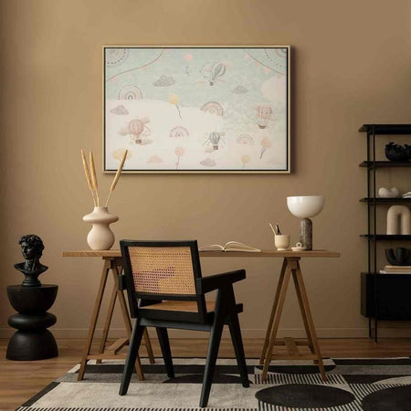 Quadro - Sky with Balloons - Balloons in Subdued Colors Flying in the Sky Among Clouds Rainbows and Stars